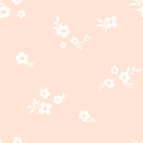 Ditsy floral repeat pattern with small scattered blossoms and simple leaf sprigs, spaced evenly for a soft, lightweight surface design.