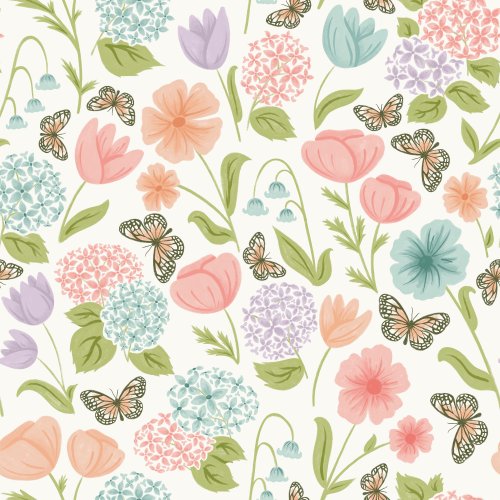 Monarch Butterflies fly through a garden of hydrangeas and wildflowers in pink, blue, and purple, on an off white background