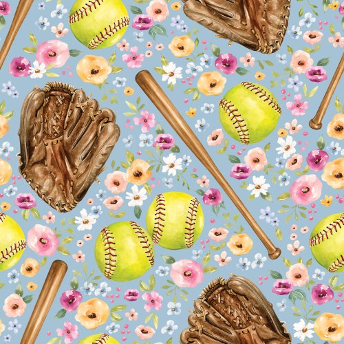 Sports fabric design with softballs, bats and balls