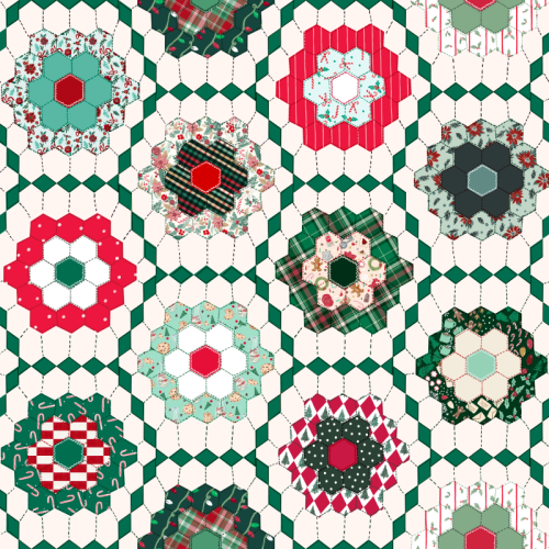 Floral garden patchwork quilt in Christmas colors and theme