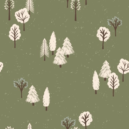Woodland seamless pattern featuring illustrated deciduous and evergreen trees scattered across a textured sage green background.