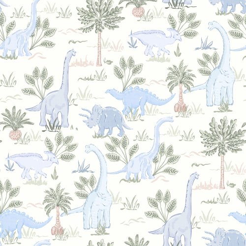 Boho Dinosaur Safari - Blue and earth tone dinosaurs with sage green palm trees in toile style design on soft cream