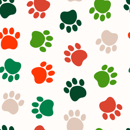 Tossed dog paws in festive colours green, red, brown 