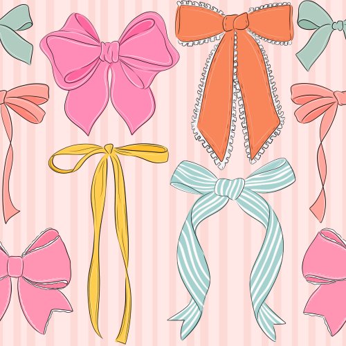 Summer bows in various styles in shades of pink, yellow, mint, and orange 