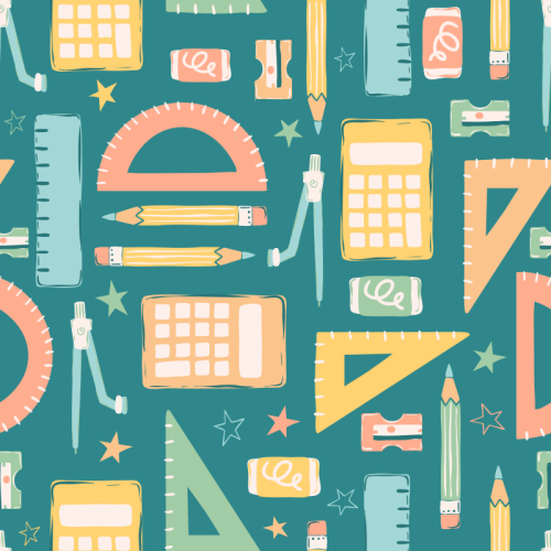 Playful school stationery pattern featuring calculators, pencils, rulers, set squares, compasses and stars in a hand-drawn style on a teal background.