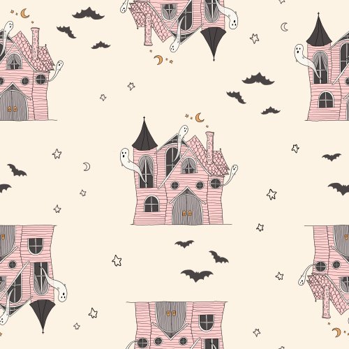Pink Haunted Houses By Tylee + Art with bats on a cream background.