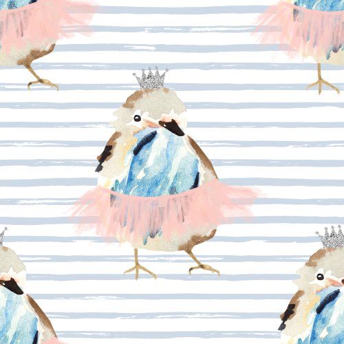 Bird fabric design with watercolor stripes