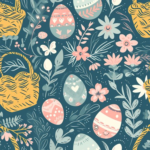 easter eggs and basket on teal background