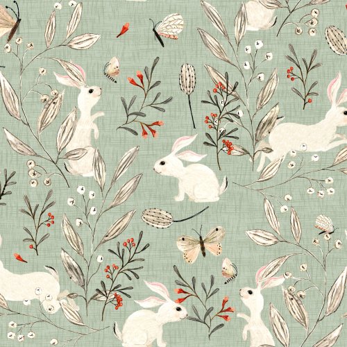 Cream bunnies in a scattered wildflower meadow with butterflies and tiny florals on a soft woven background.