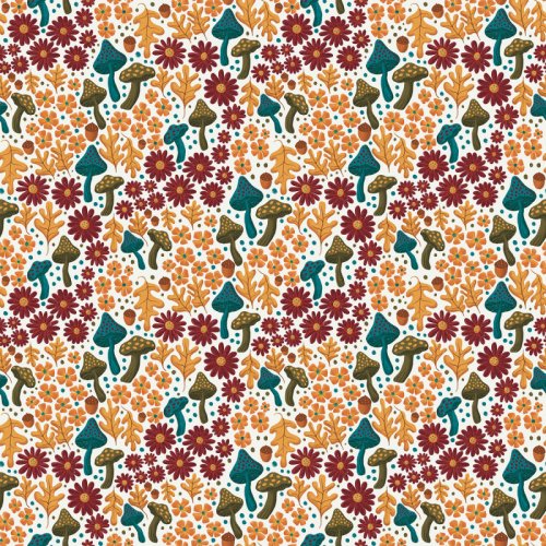 Golden Hollow collection, Woodland Revelry: dense fall floral pattern of teal and olive spotted mushrooms, burgundy daisies, orange blossoms, golden oak leaves, and acorns on a cream background.