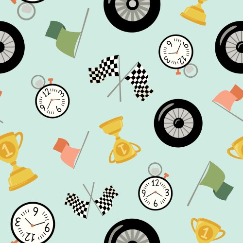 Retro race car designs in a tossed pattern on blue