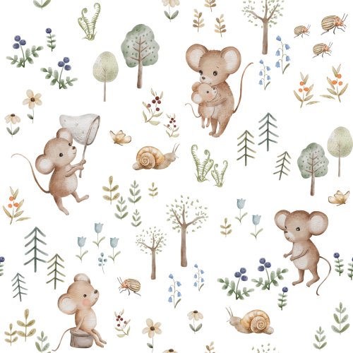 Hand drawn pattern. Mice in the forest.