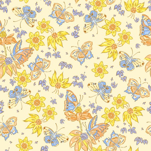 Spring Bohemia Butterfly Garden in cream. Butterflies, yellow boho retro flowers on cream background