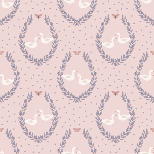 Swans  surrounded by a wreath on a pink background