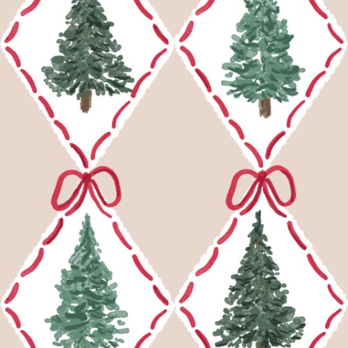 Christmas pine trees with red bows in argyle pattern
