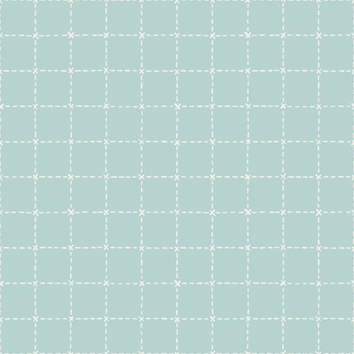 Light blue plaid pattern with white stitched lines forming a quilt-inspired check design, offering a bold yet handmade coordinating print.