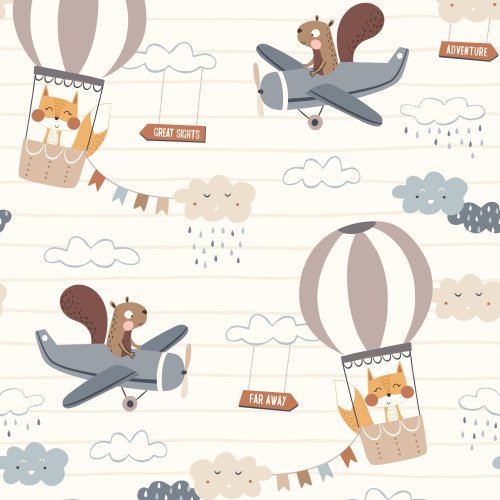 squirrel and fox in airplane and hot air balloon