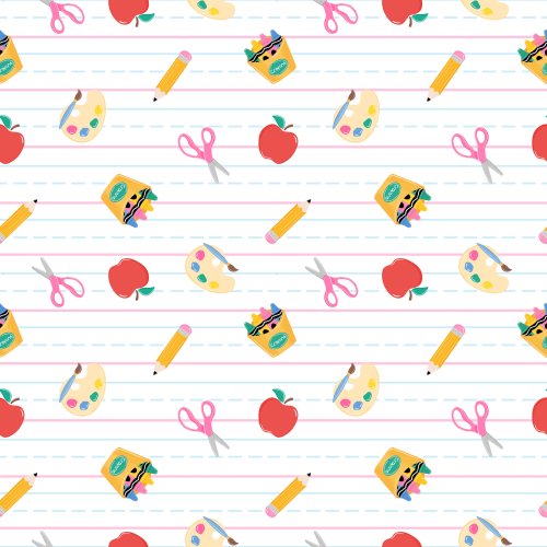 School supplies on a lined paper background 