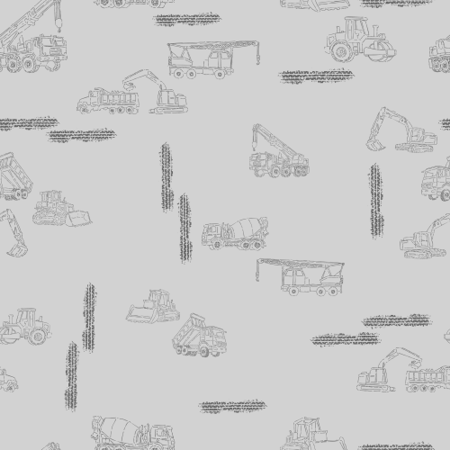 hand sketched construction vehicles with truck track texture on a gray background