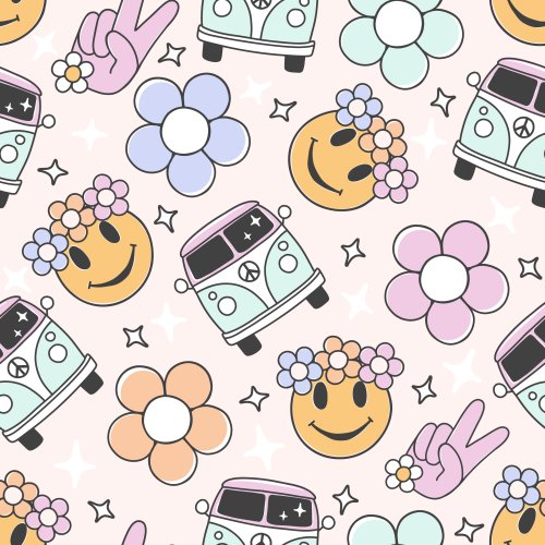 summer retro design with smiley faces, flowers, VW Van