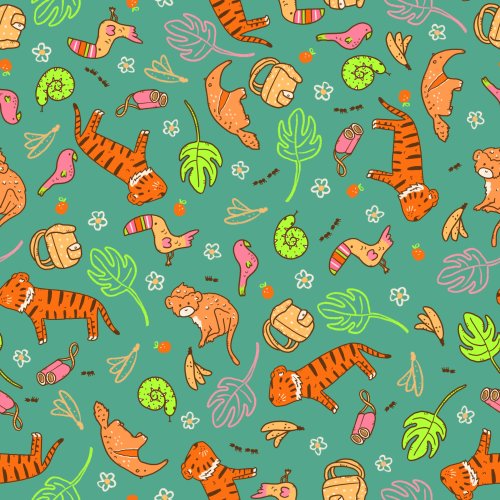 Safari Adventure was hand drawn by Tylee Hansen. It features monkeys, ants, anteaters, tigers, bananas, and more. Available in various colors. Some prints have pink and some have blue instead of pink.