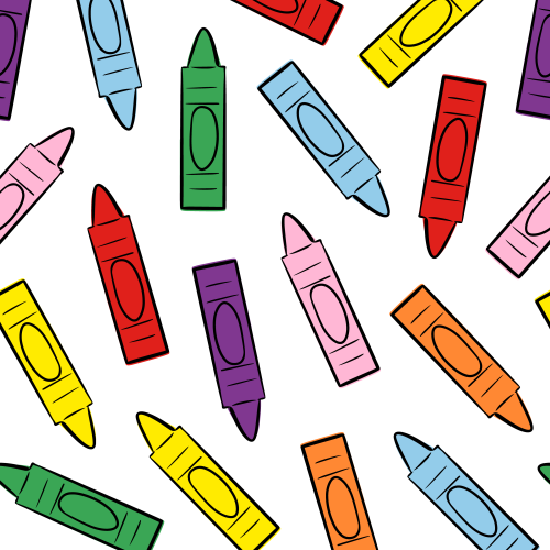 Purple, blue, yellow, pink, red, orange crayons non directional. Back to school print.