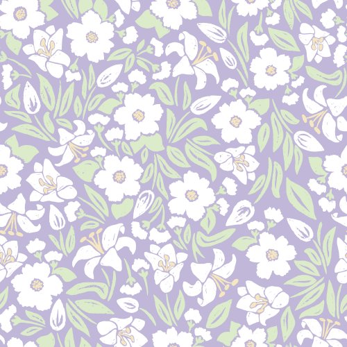 Tossed easter lillies spring flowers buds and leaves in a multidirectional print