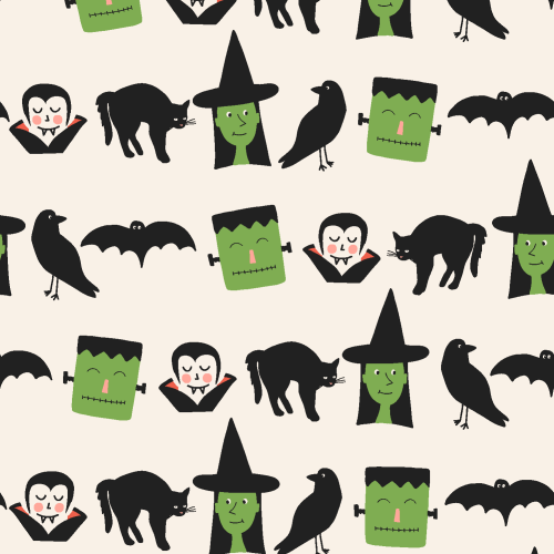 rows of Frankenstein, witches, bats, and black cats for gender neutral halloween
