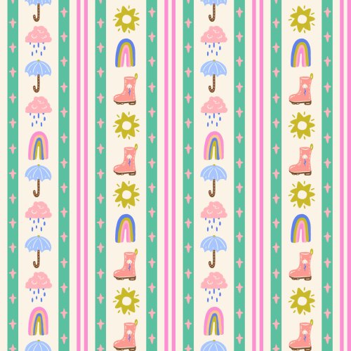 Stripes with rain boots, umbrellas, rainbows and flowers
