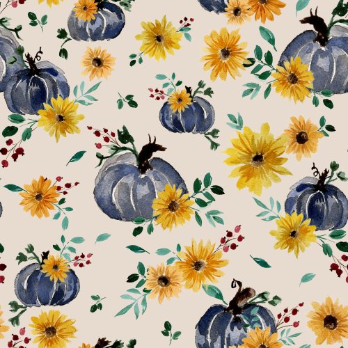 Blue watercolor pumpkins with watercolor yellow sunflowers on a light beige background
