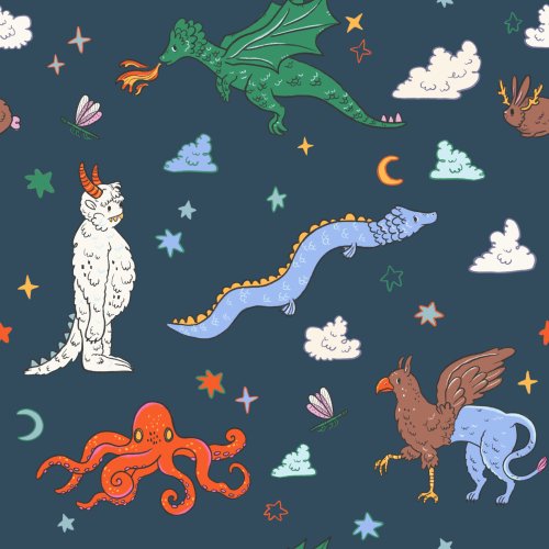 Magical Creatures Boy version. Includes a griffin, yeti, dragon, and a kracken. Background is cream, or dark blue, or light blue.