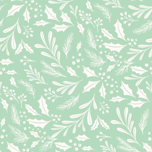 Seamless winter foliage pattern featuring holly leaves, pine sprigs, rosemary and winter berries in white on a soft sage green background.