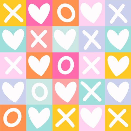 X's and O's with hearts on multicolor checker