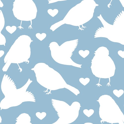 Fabric design with bird silhouettes and hearts