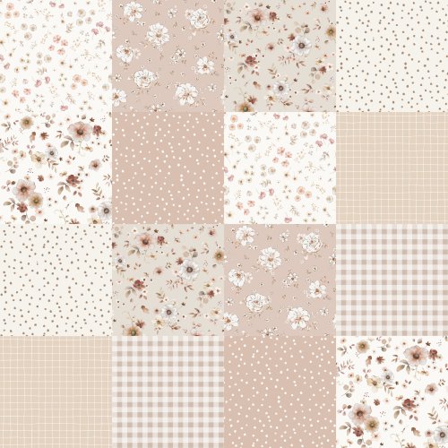 Hand drawn patchwork design with powder beige floral. 