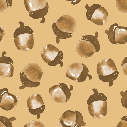 Tiny watercolor acorns tightly scattered across a beige background