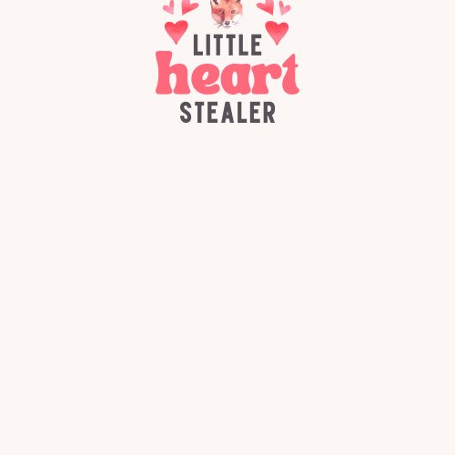 Graphic with the phrase "Little Heart Stealer" in playful pink and black font. A watercolor fox head is placed above the word "heart," surrounded by small pink and red hearts, creating a cute, Valentine’s Day-themed design.