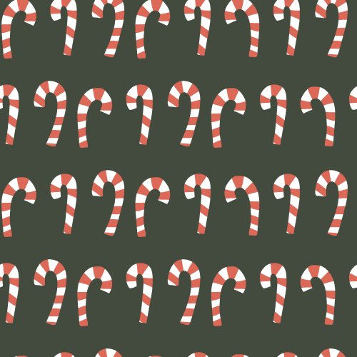 Rows of red and white candy canes on modern festive colors like coral, maroon, and dark green for holiday designs, as part of the snowy holiday collection
