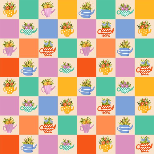 Colorful checkerboard pattern with teapots & flowers in neutral spaces