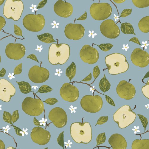 Hand painted green apples on blue background