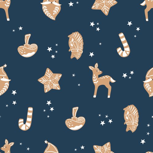 Seamless Christmas pattern with gingerbread-style woodland animals, mushrooms, candy canes, stars and festive cookies on a deep navy background.