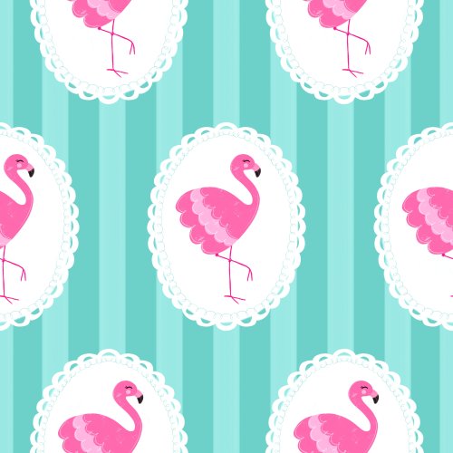 Fancy flamingos in cameo frames on teal stripes