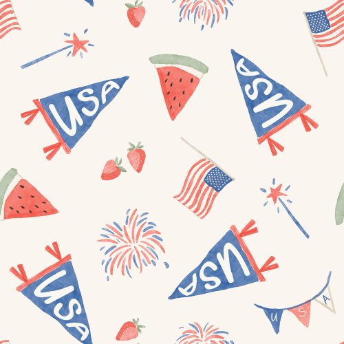 Watercolor 4th of july motifs in a tossed layout, with USA pennants, strawberries, watermelon, fireworks and flags