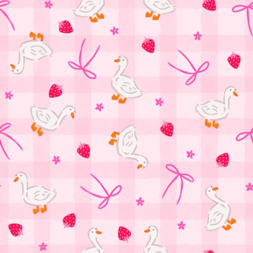 strawberries and ducks on pink gingham background