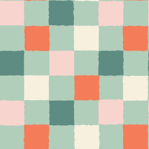 Modern patchwork pattern of hand-painted squares in sage green, coral, blush pink, cream and teal.