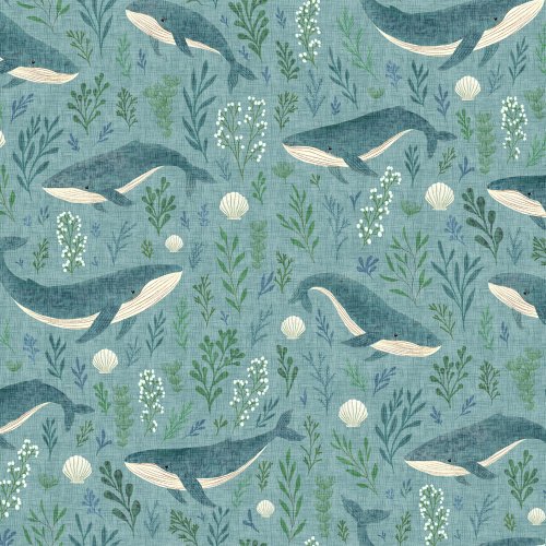 Whales swimming gracefully among flowing seaweed, creating an underwater garden scene with a gentle marine feel.