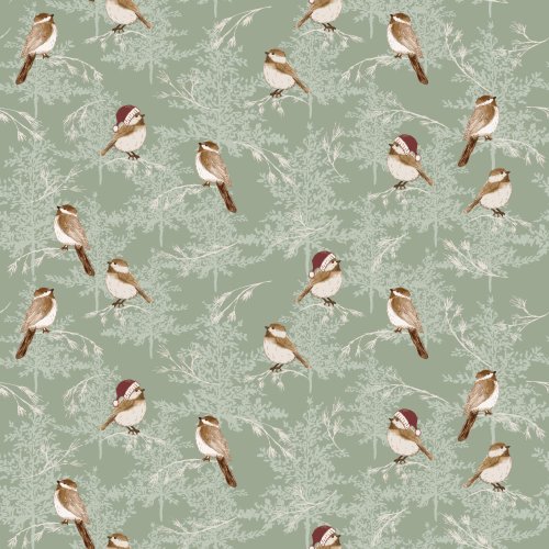 Festive birds in a frosted green forest