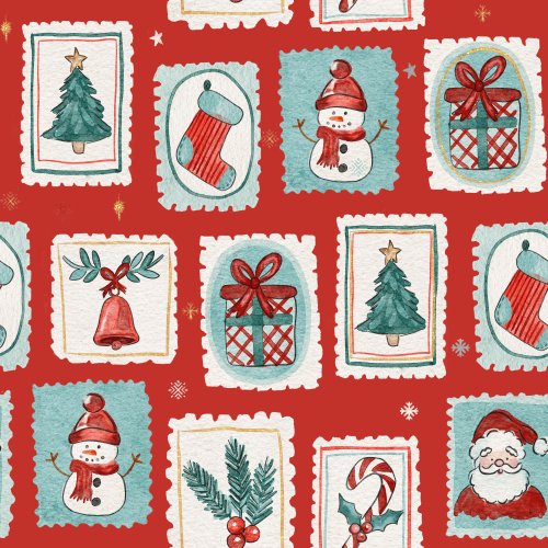 christmas stamps with snowman, presents and christmas tree