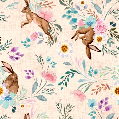 Petal and Hare is an Easter or Spring watercolor floral design with rabbits or hares in it by Deer Fiorella Design suitable for girls clothing and or accessories 
