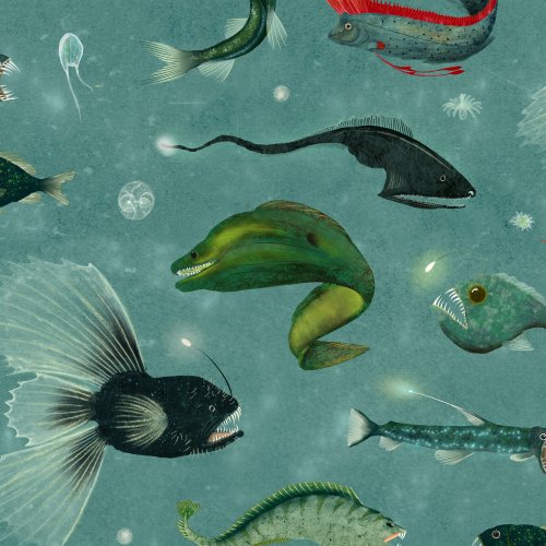 Deep sea creatures with sharp teeth, including anglerfish and other fierce predators, swimming through dark ocean waters.